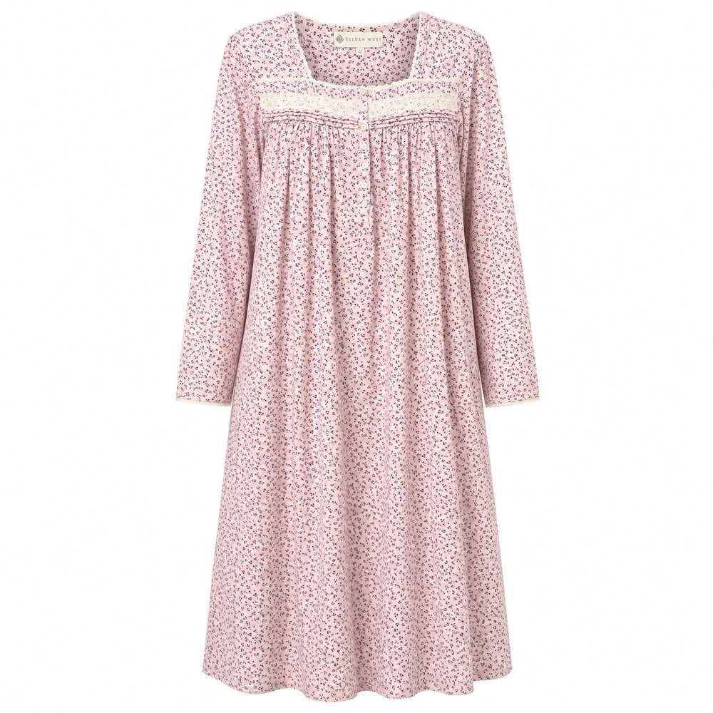 Eileen West Nightgown Women XL Pink Floral Cotton Lace Long Sleeve Cottagecore